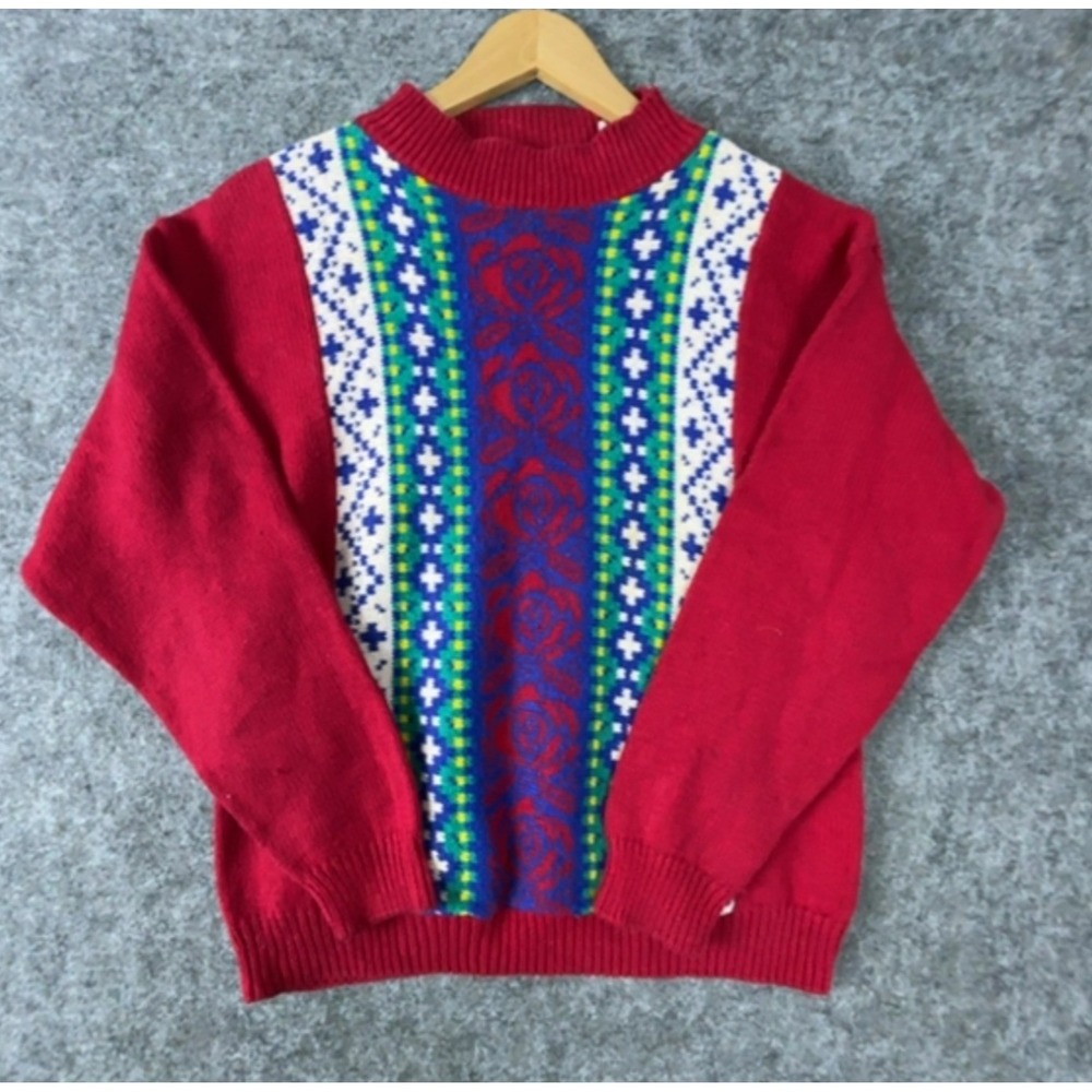 Vintage Honors Misses Sweater Womens Large Green Red Rose Geometric Holiday 80s